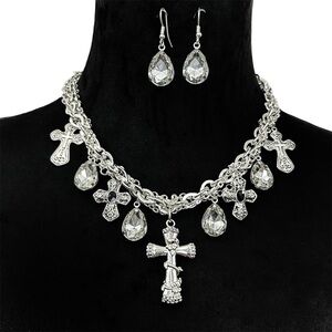 Christian Cross Rhinestone Chunky Statement Necklace Earrings Set